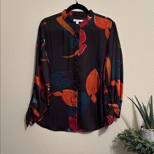 Chico's Black Blouse with Red and Blue Leaf Print